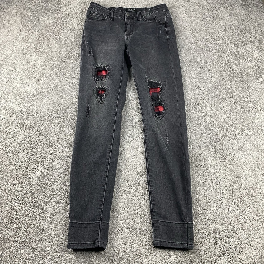 Judy Blue Flip Cuff Skinny Fit Jeans Womens 3/26 Gray Distressed Red Plaid Lined